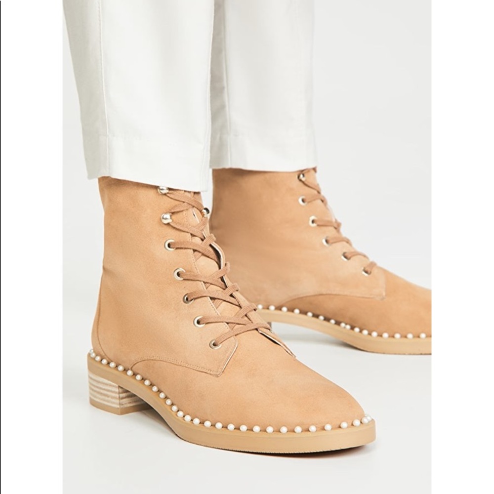 Stuart Weitzman Sondra Faux Pearl Combat boots Tan Suede Size 37